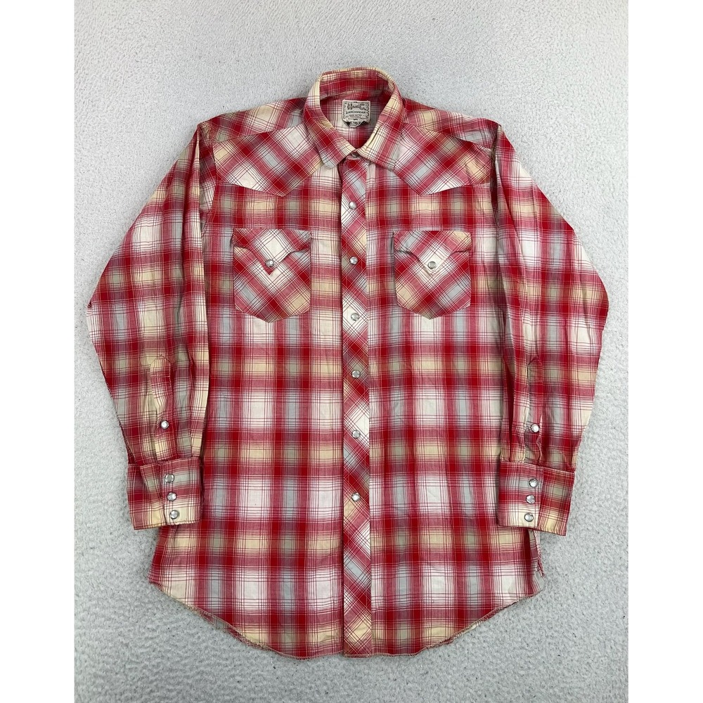 Vintage H Bar C Ranchwear Shirt Mens Large Red Plaid Western Pearl Snap LS